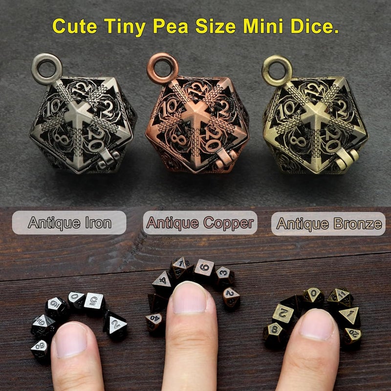 Haxtec Mini Metal D&D Dice Set with Hollow Necklace Case - 7PCS Keychain Portable - Image 4